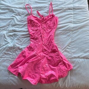 Dolls Kill Glossy Neon Pink Rave / Raver Mini Dress size XS